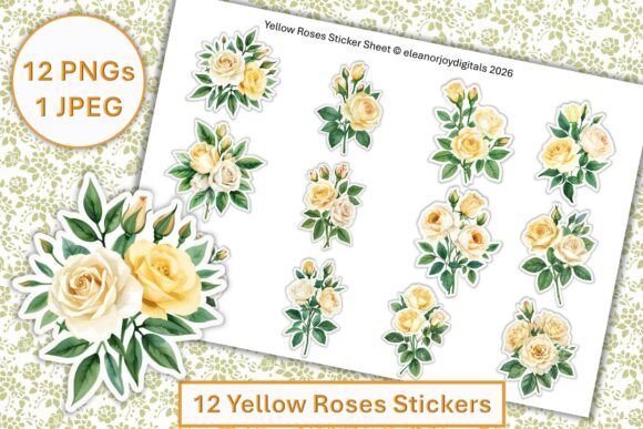 12 Yellow Rose Stickers: Versatile Floral Design Assets
