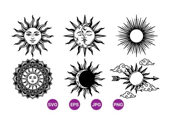 Celestial Sun and Moon SVG Set: Mystical Vector Art