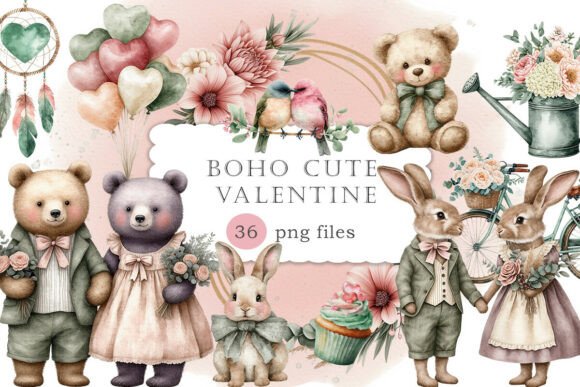 Charming Boho Cute Valentine Watercolor Clipart for Your Designs