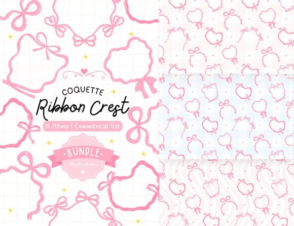 Coquette Ribbon Crest Clipart & Patterns for Creative Projects