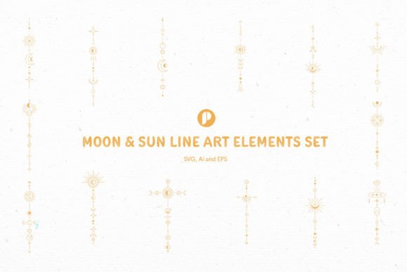 Moon & Sun Line Art Elements Set: Infuse Designs with Celestial Elegance