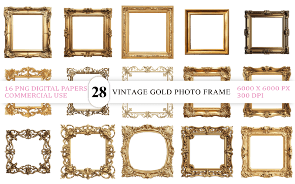 Vintage Gold Photo Frame PNG: Elevate Your Digital and Print Designs